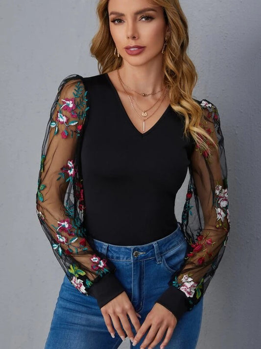 Floral Embroidery Mesh Sleeve Top